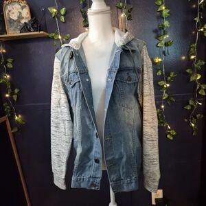 Classic Hooded Denim Jacket with Gray Knit Sleeves